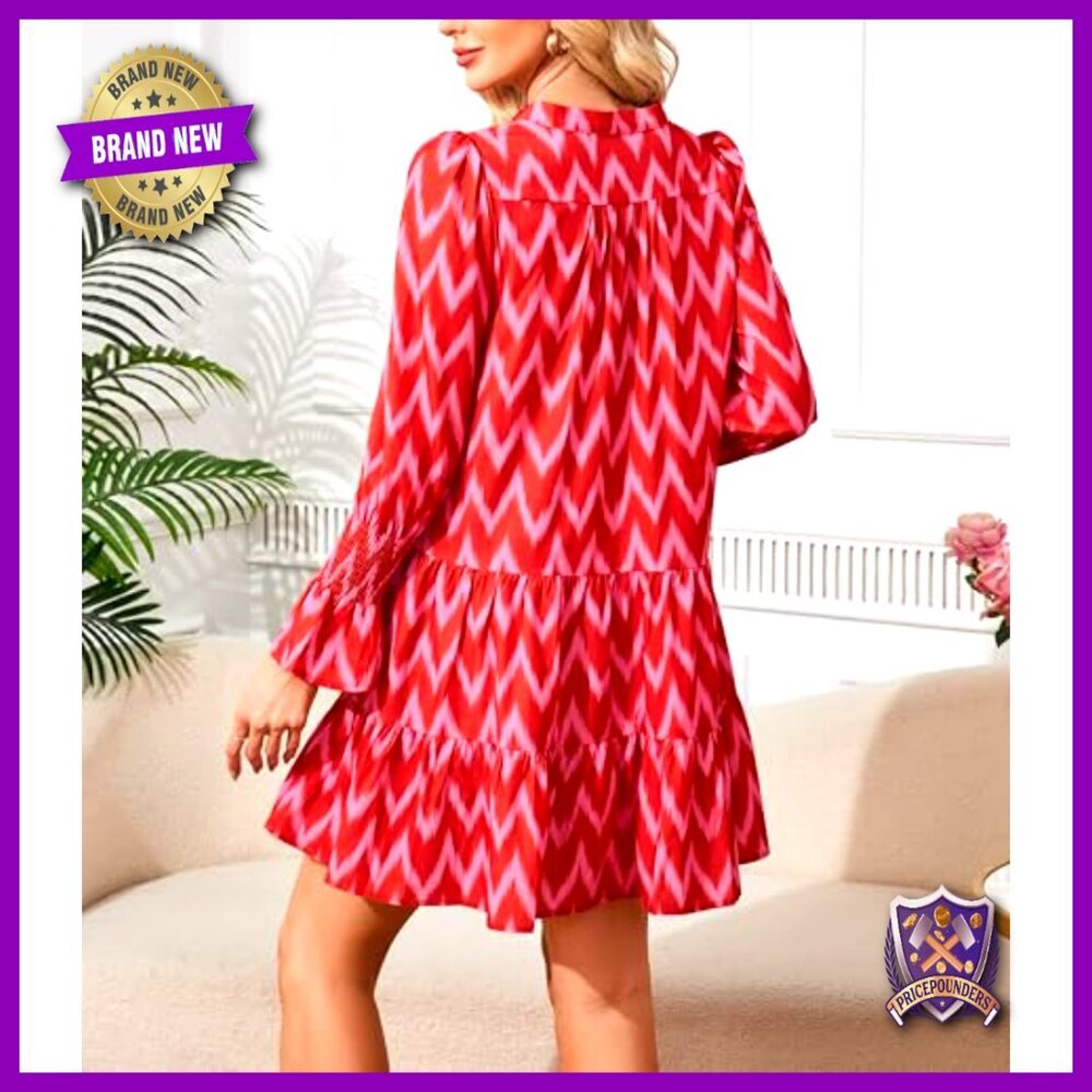 Printed Mini Dress Long Sleeve V Neck Tiered Flowy Swing Summer Vacation Beach - Picture 6 of 7